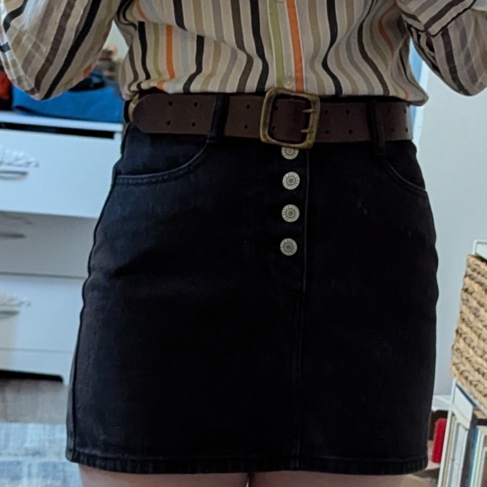 Button-Front Black Denim Mini Skirt - Women's Casual Essential